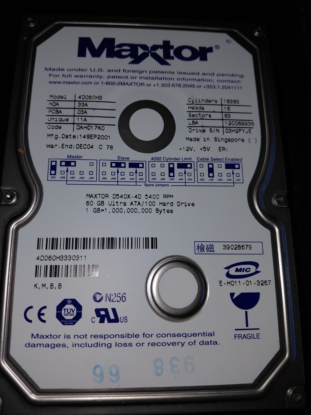 Maxtor DiamondMax D540X- 4D 5400RPM 60GB IDE HDD 4D069H3 -  Untested Pre-owned