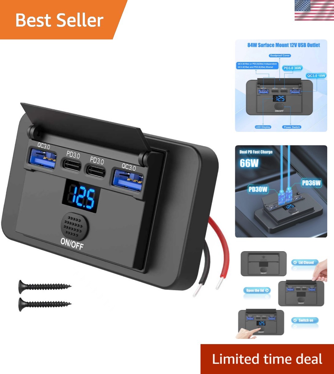 84W 4 Port 12V USB Outlet Surface Mount with Voltmeter, 36W PD and Dual 18W Q...