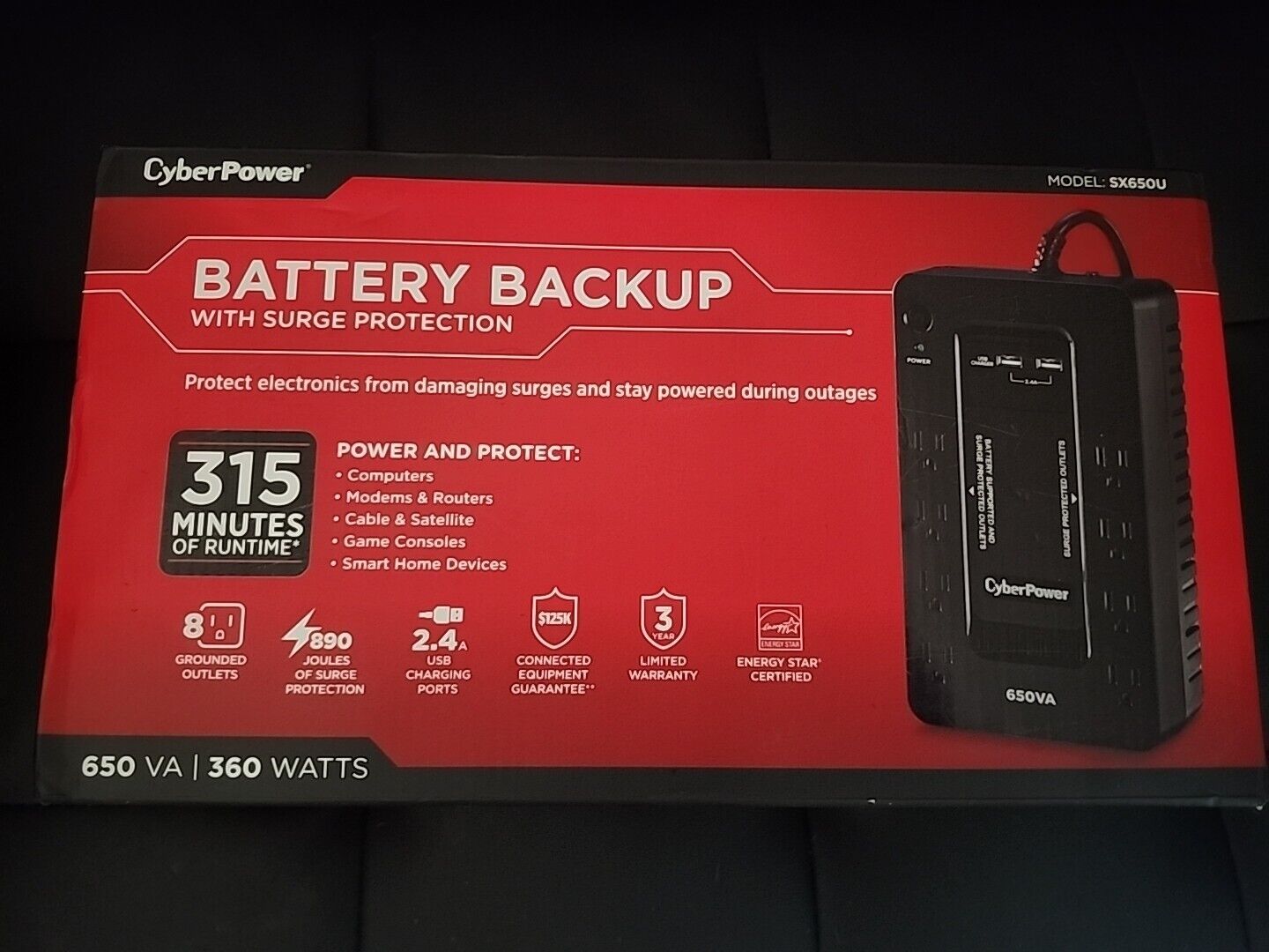 CyberPower SX650U 8-Outlet 650VA PC Battery Backup - Black