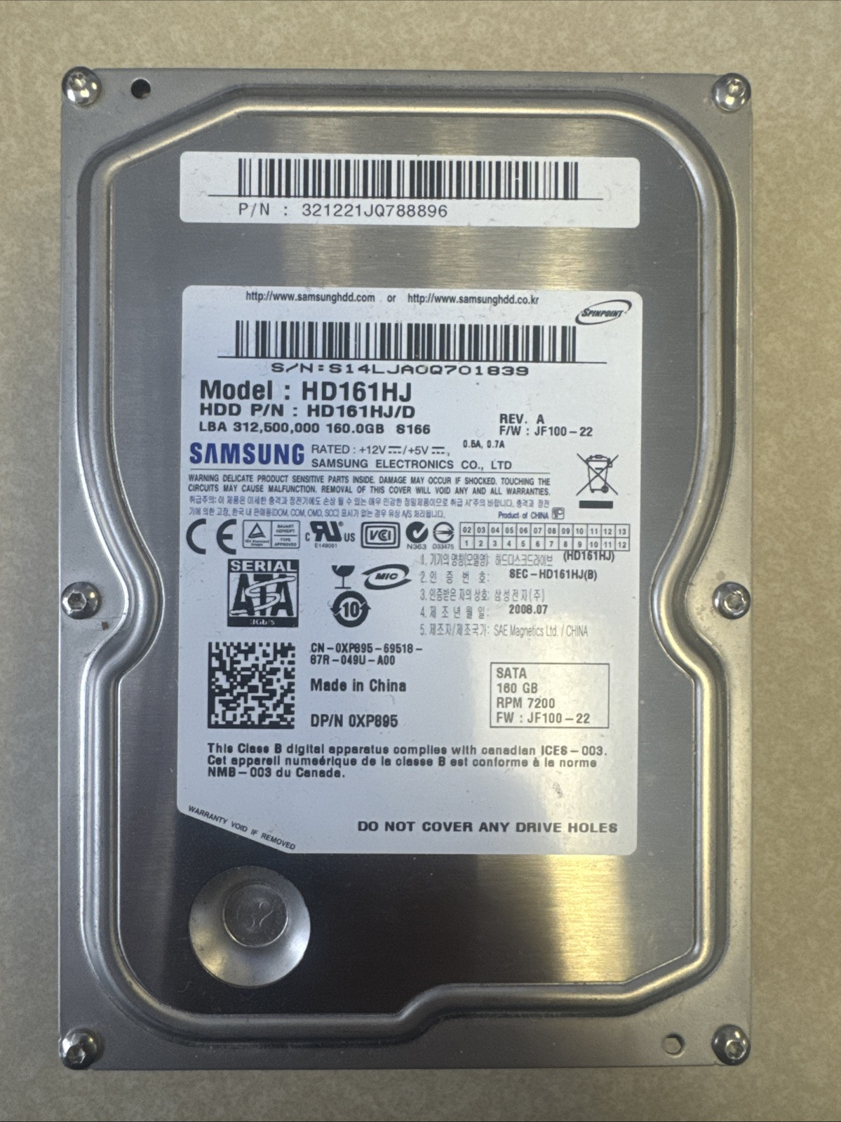 Samsung Spinpoint S166 HD161HJ 160GB Internal 7200RPM 3.5" (HD161HJ) HDD