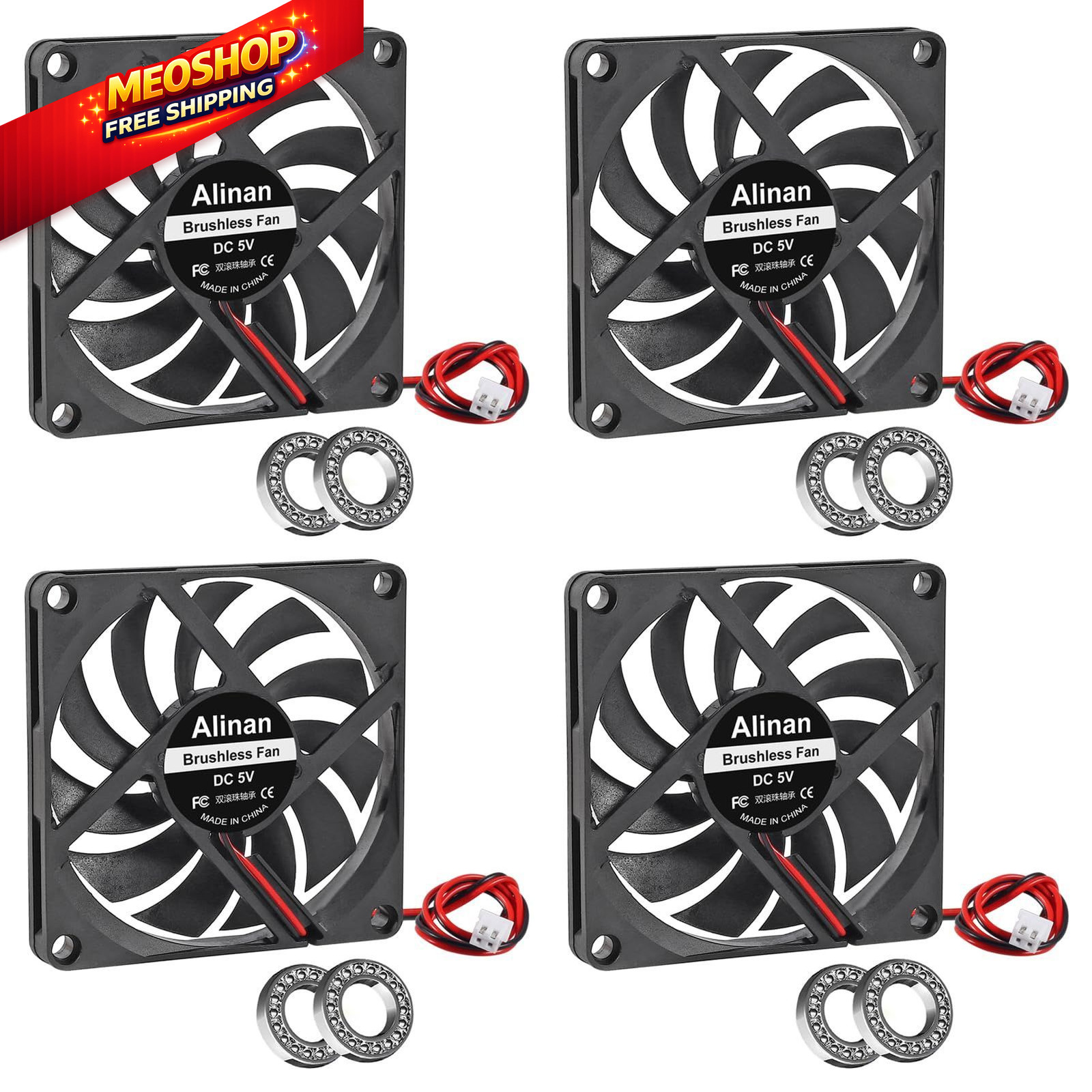 Alinan 4pcs 8010 80mm x 10mm 5V Dual Ball Bearings Brushless Fan 2Pin DC... 