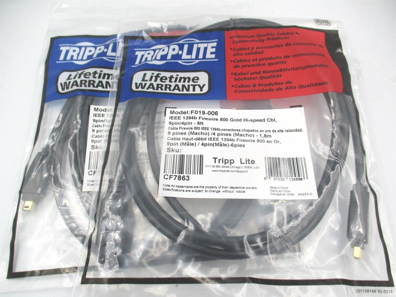 Tripp-Lite (F019-006) 6Ft 4-Pin 800mbps IEEE High Speed Firewire Cable - Qty 2