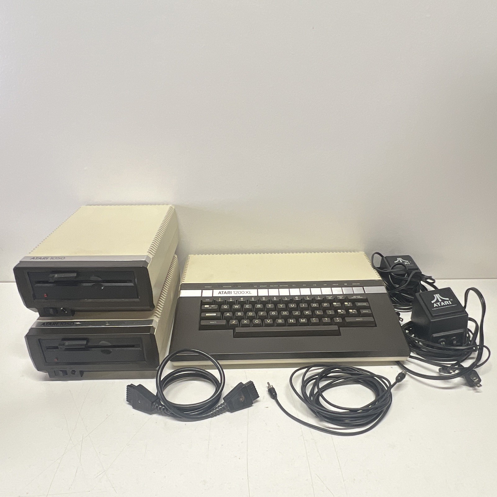 Vintage Atari 1200XL Home Computer Bundle w/ Two 1050 Disk Drives & Power Blocks