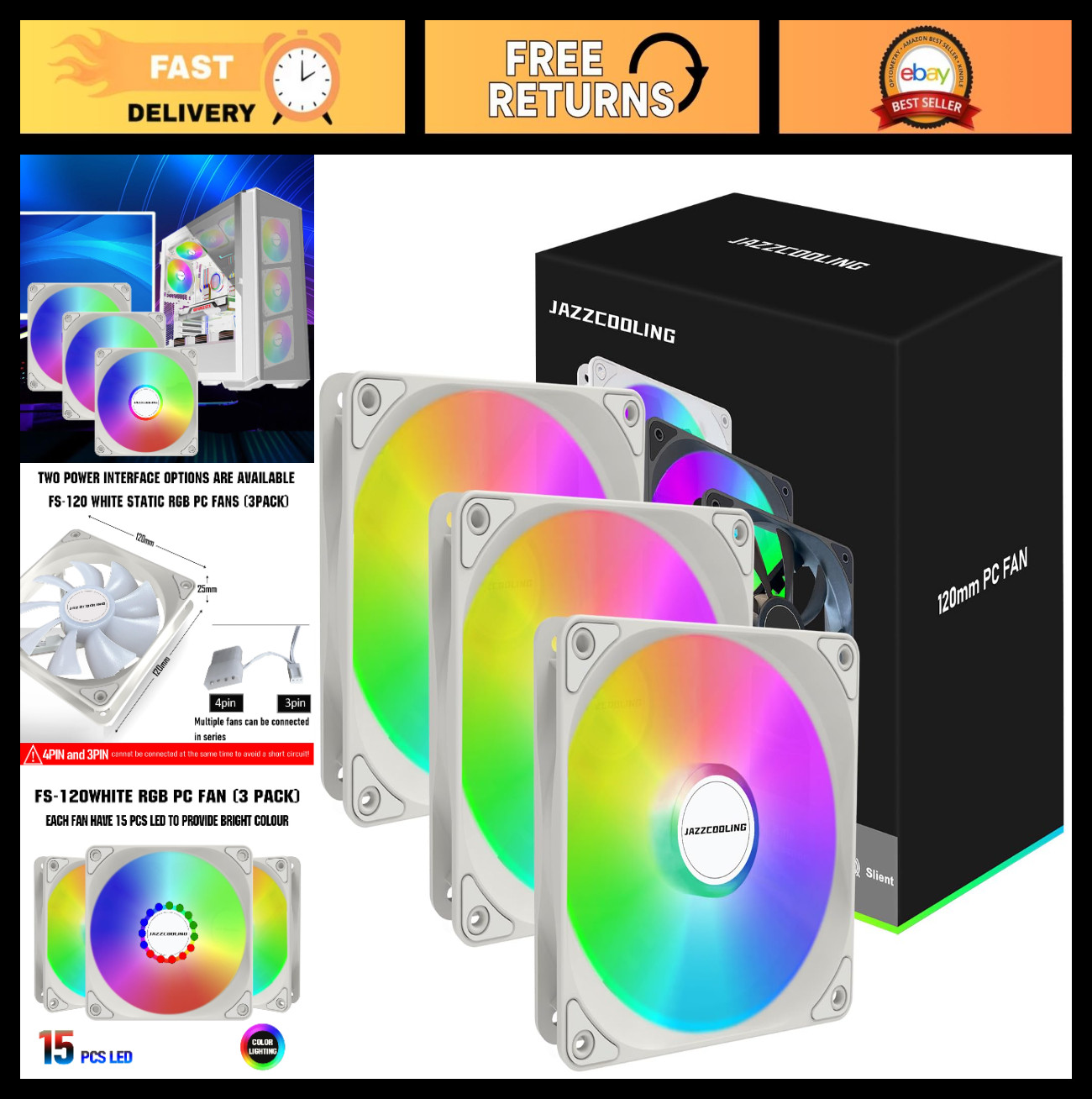 120mm RGB Case Fans 3 Pack - White Cooling, Low Noise Hydraulic Bearing, 12V 3-P