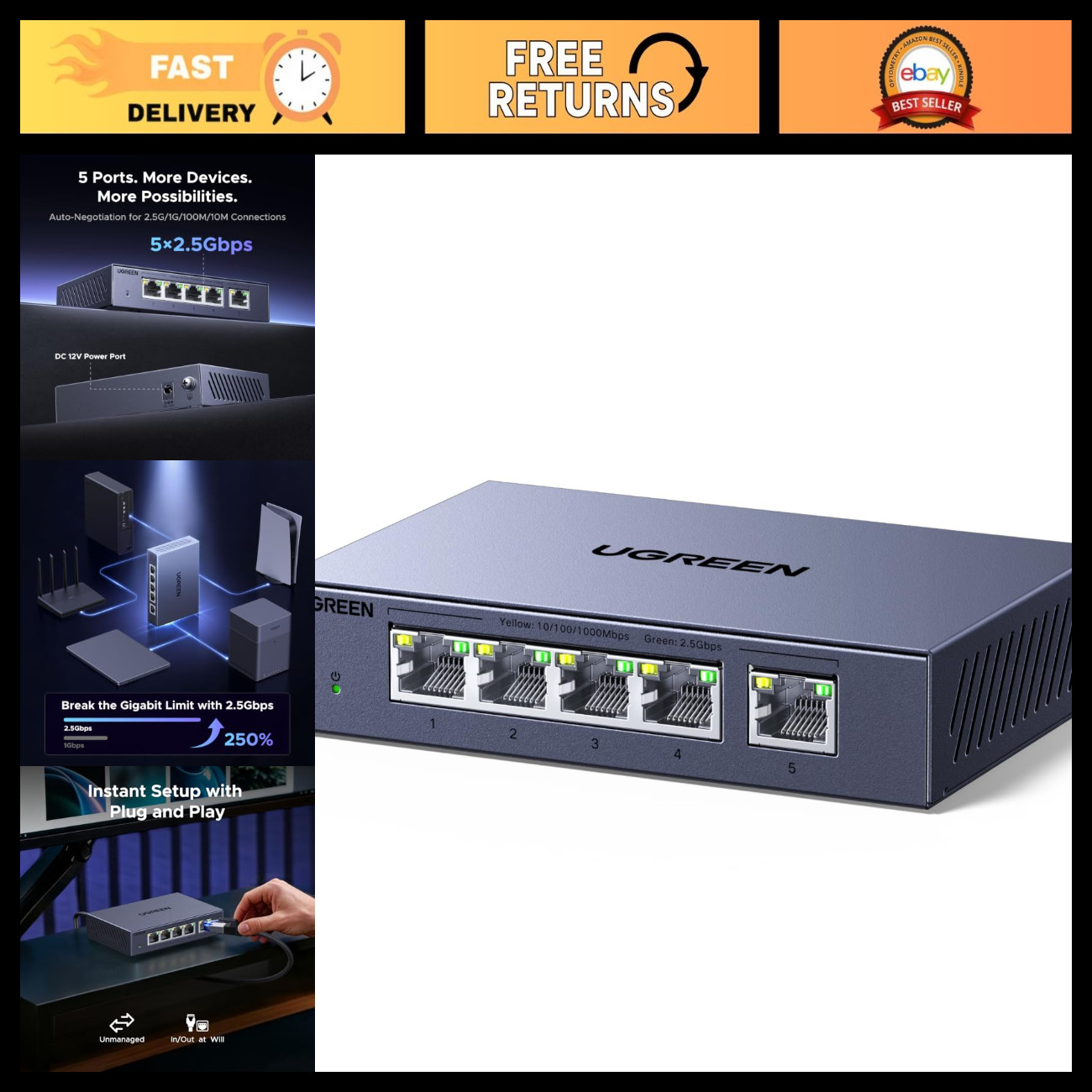 5-Port 2.5Gb Ethernet Switch, High-Speed Network Hub, Metal Case, Plug & Play
