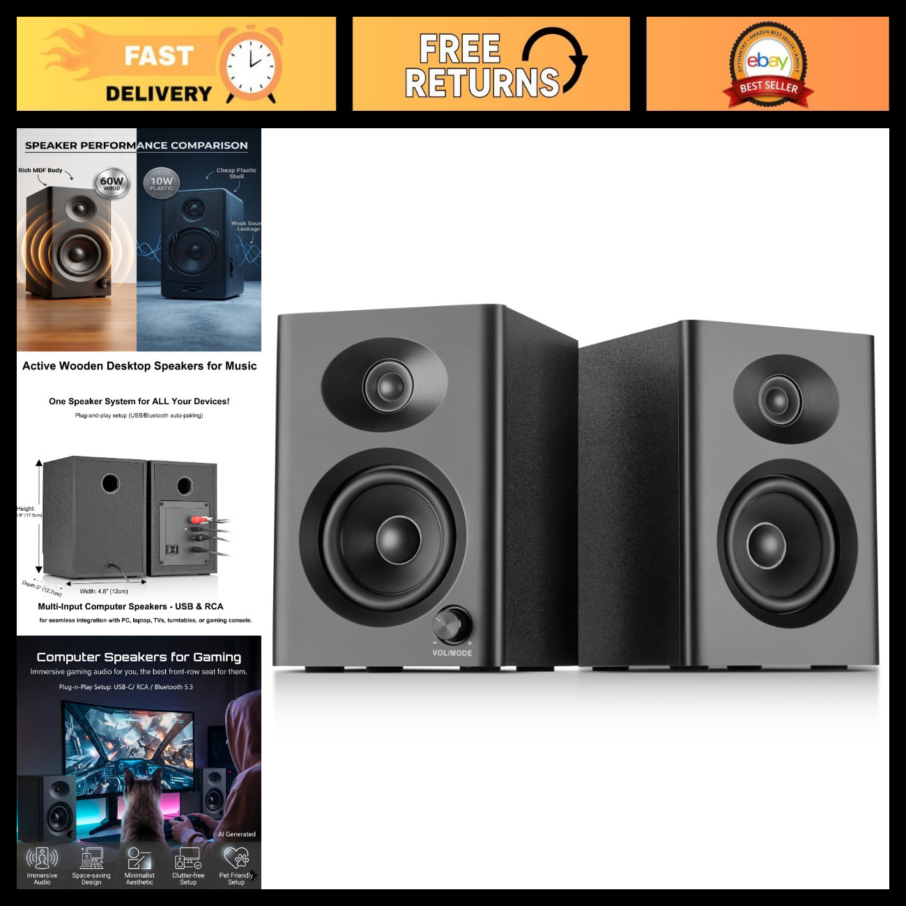 High-Quality Powered Desktop Computer Speakers for PC & Music - Black Pair