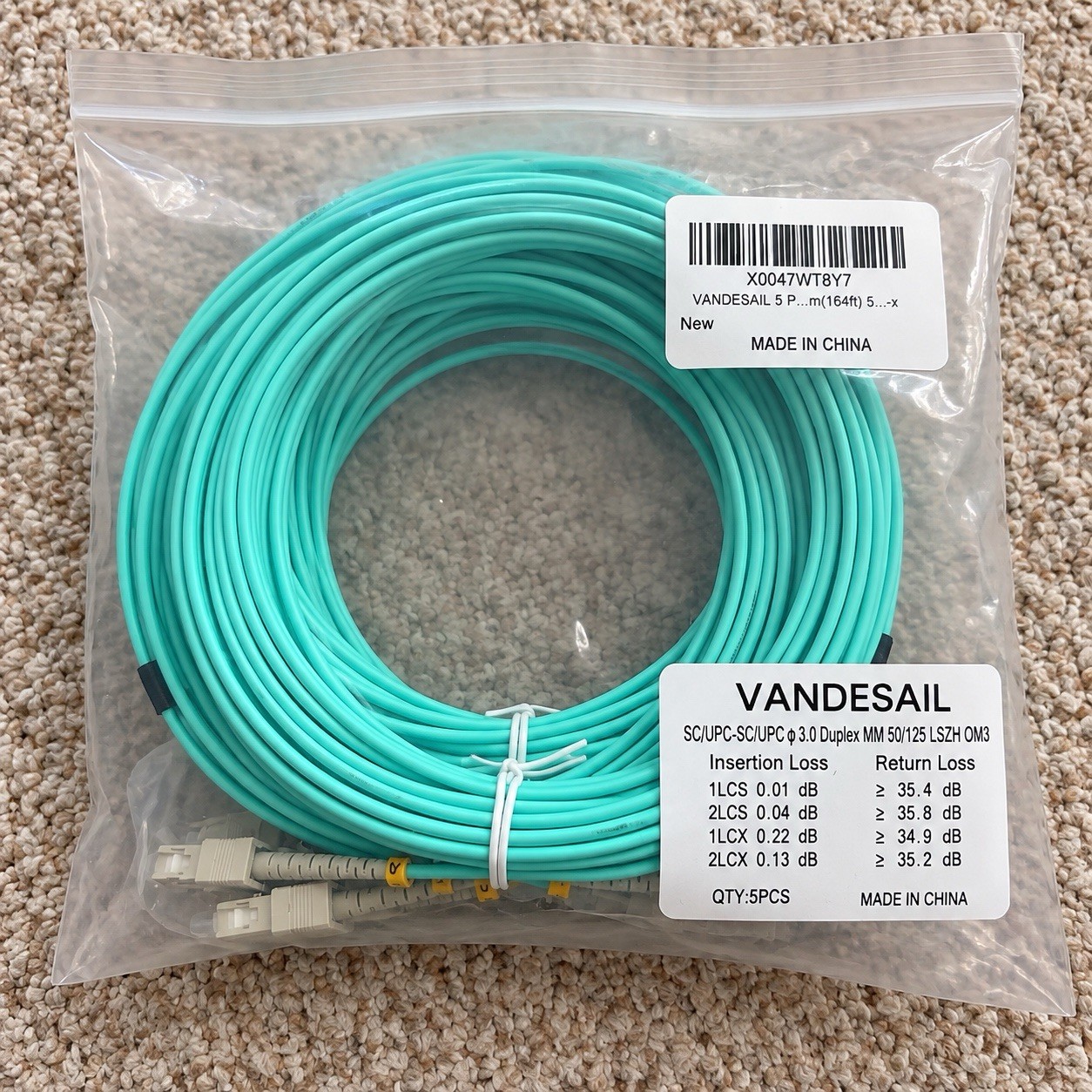 VANDESAIL  OM 3 Duplex MM 50/125Fiber Optic Cable SC/UPC -16.4FT 5-Pack New