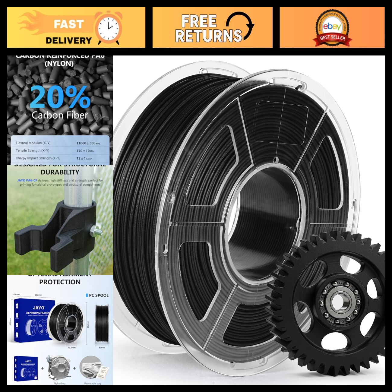 Carbon Fiber Nylon 3D Printer Filament 1.75mm 1kg - High Strength, Black