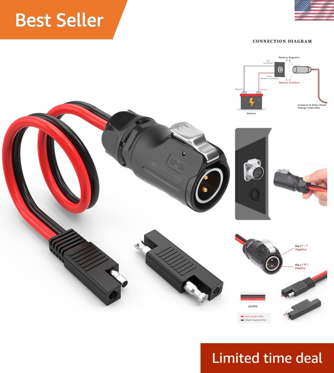 Reliable 10AWG SAE Adapter Cable for Solar Panel and RV Power Systems