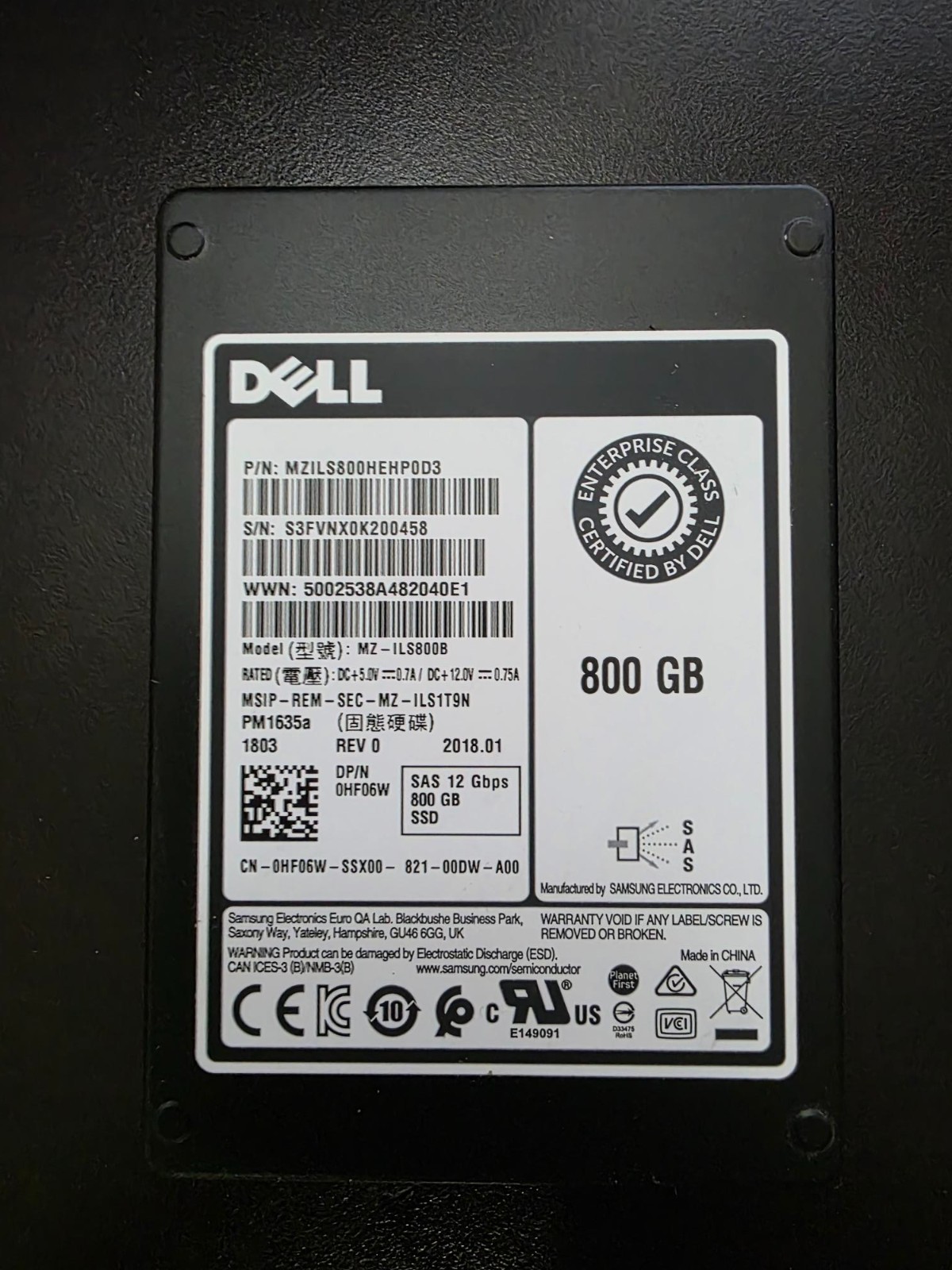Dell 800GB SAS 12Gbps 2.5" SSD PM1635a MZILS800HEHP0D3 0HF06W Mixed Use