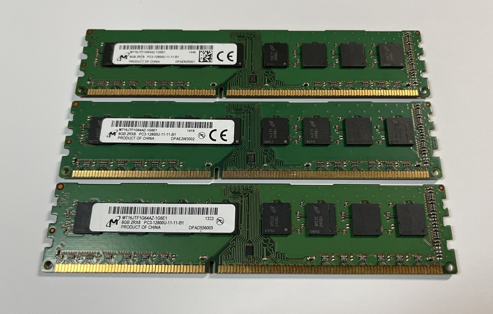 Lot of 3 Micron 8GB DDR3 1600MHz PC3-12800U-11-11-B1 Desktop Memory