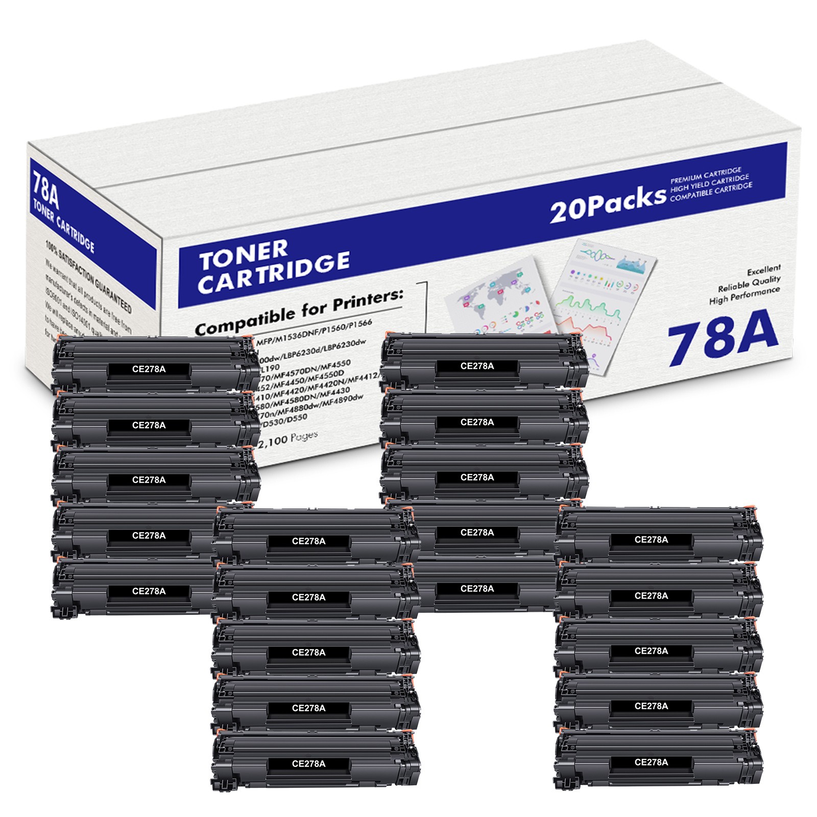 20PK CE278A Black Toner for HP 78A Laserjet Pro P1560 P1567 P1568 P1569 P1600