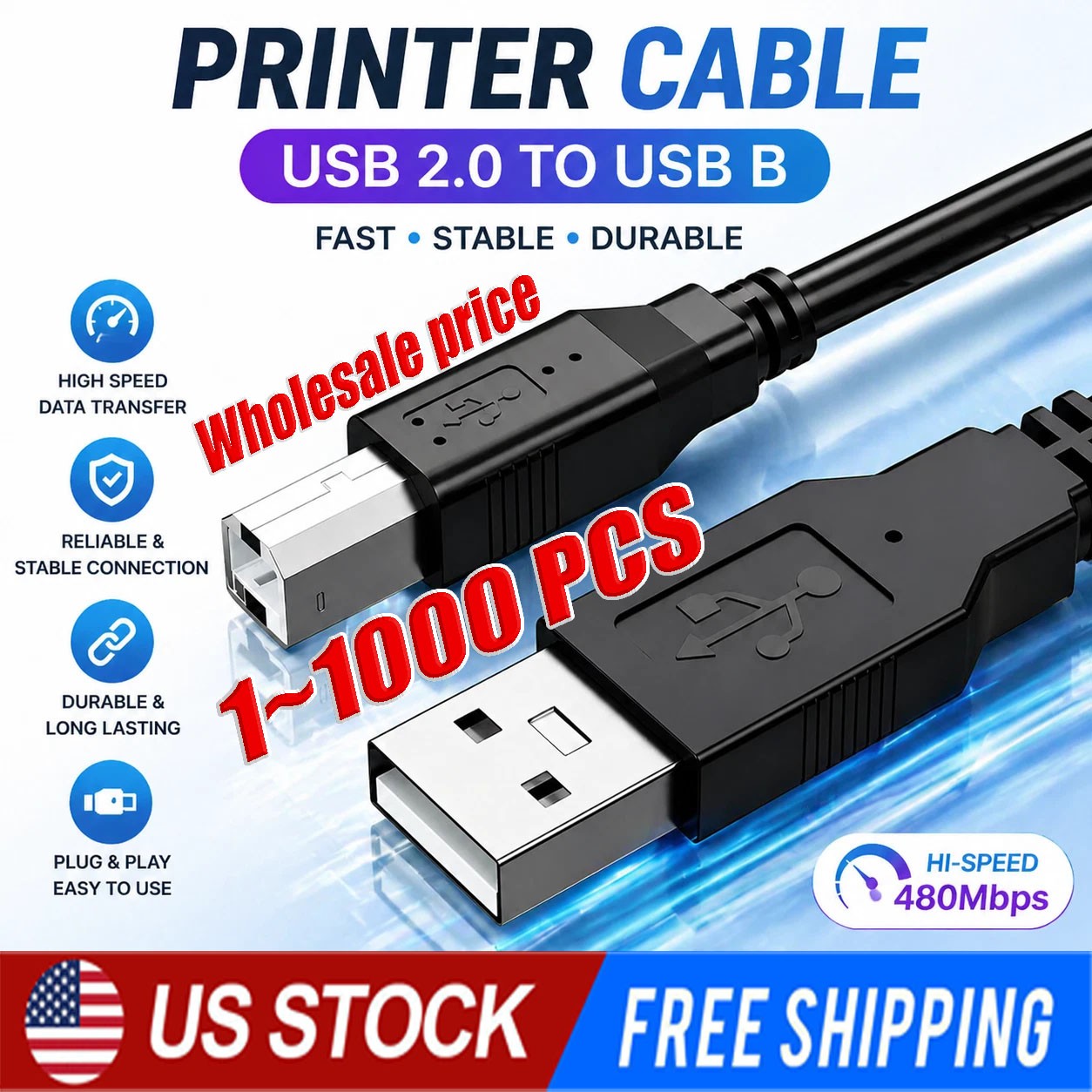 NEW USB 2.0 A TO B High Speed Printer Scanner Premium Cable Cord 1.5m Lot