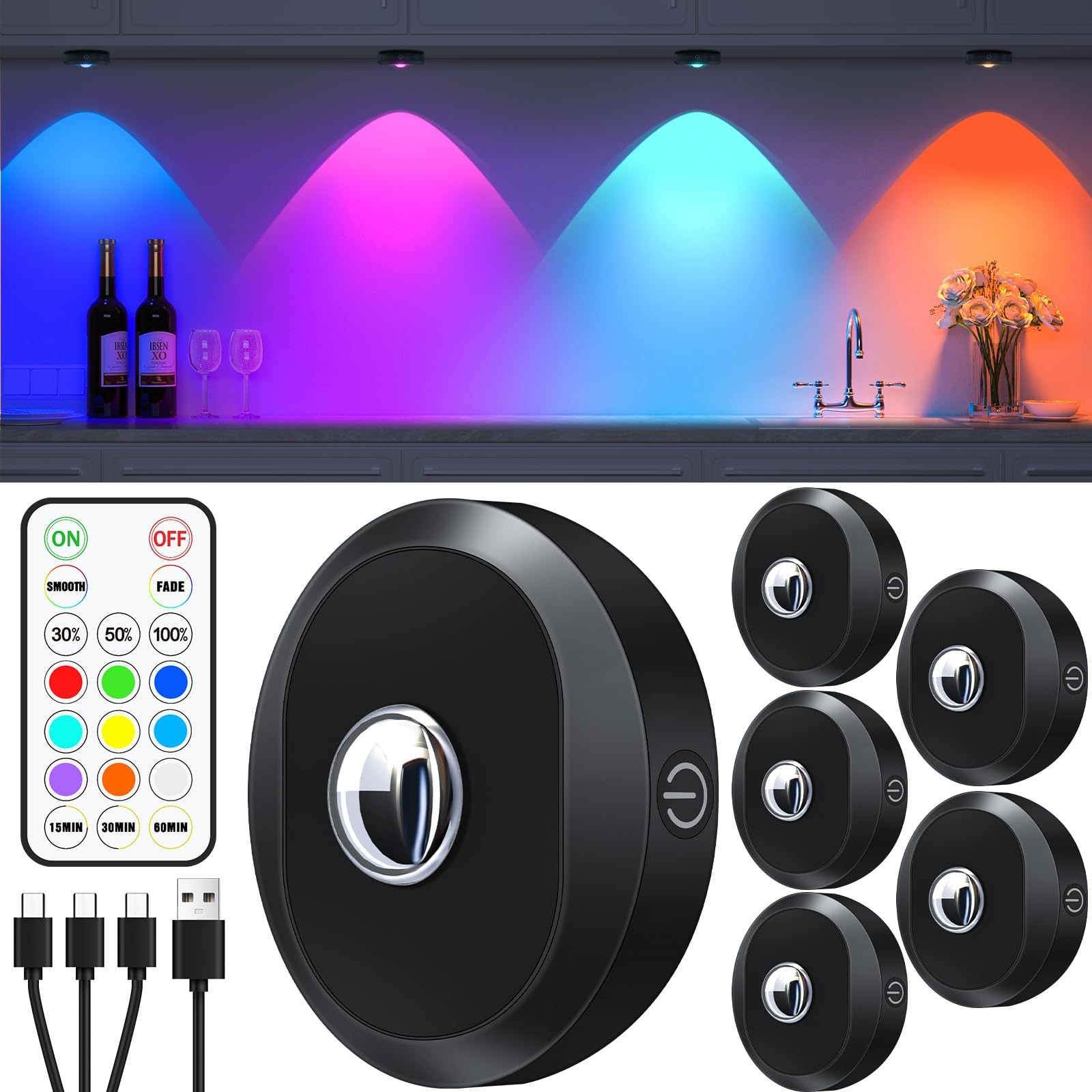 WILLED Rechargeable RGB Puck Lights with Remote Rgb Multicolor, Black
