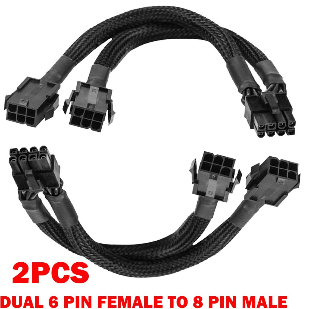 2X Dual 6 Pin Female to 8 Pin Male GPU Adapter Cable Braided Sleeved 20cm NEW