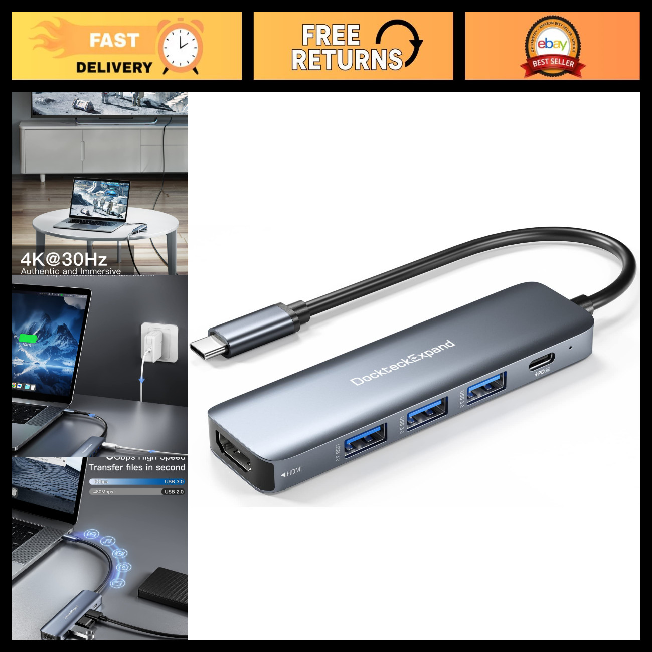 5-in-1 USB-C Hub Multiport Adapter, HDMI, USB 3.0, SD Card Reader, Fast Charging