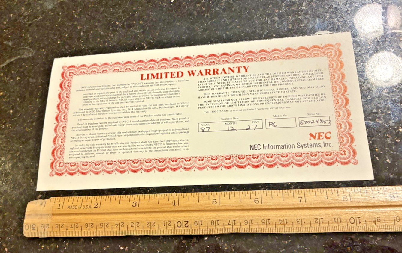 VINTAGE 1987 NEC INFORMATION SYSTEMS, INC. WARRANTY CARD CERTIFICATE -EXCELLENT
