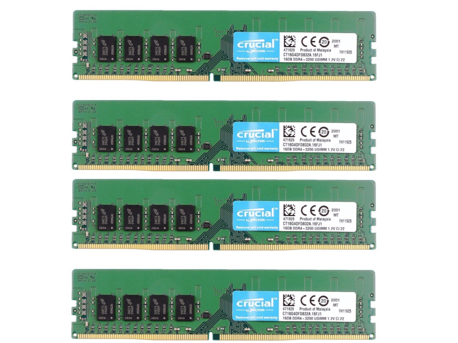 New Crucial 64GB (4X16GB) DDR4 3200MHz PC4-25600 288Pin Desktop UDIMM Memory Ram