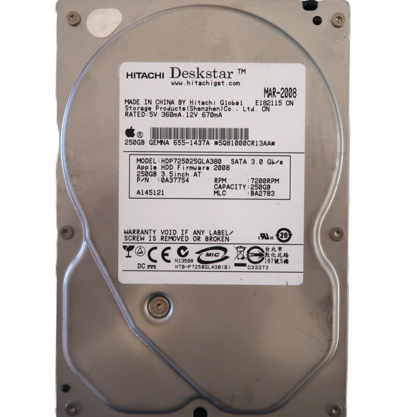 Hitachi HDP725025GLA380 0A37754 BA2783 (5Q81) China 250gb 3.5" Sata HDD 2008