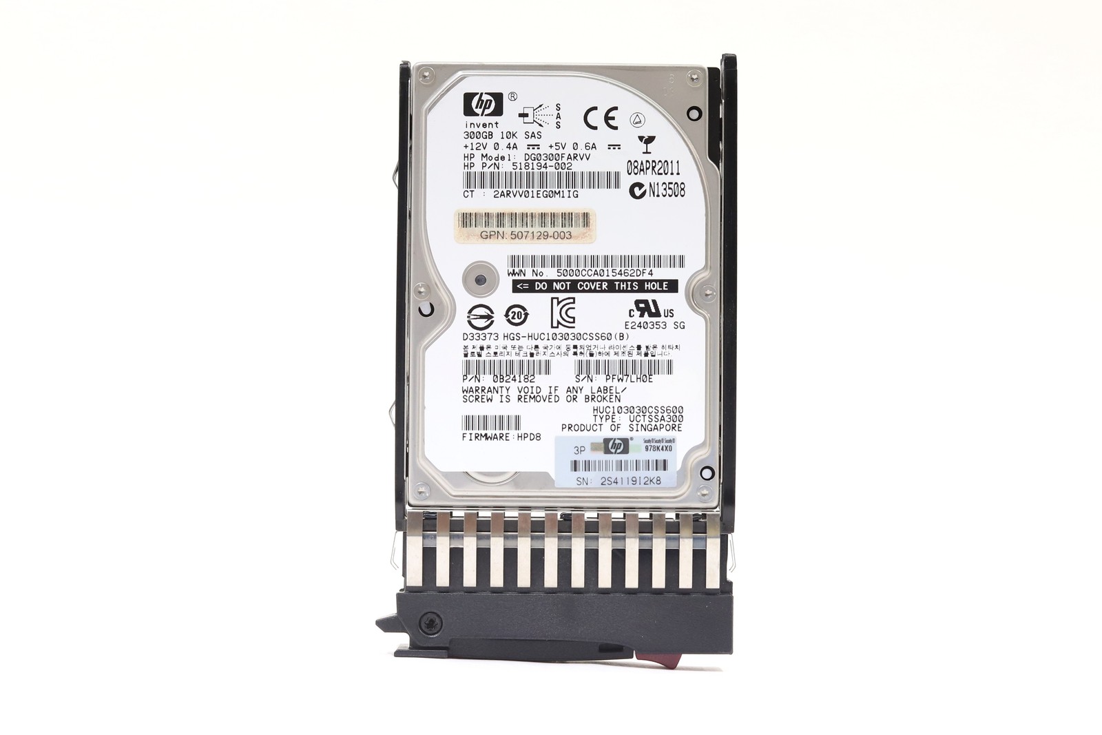 HP DG0300FARVV 300GB 2.5" 6Gb/s 10K RPM SAS Hard Drive W/Caddy P/N: 507129-003