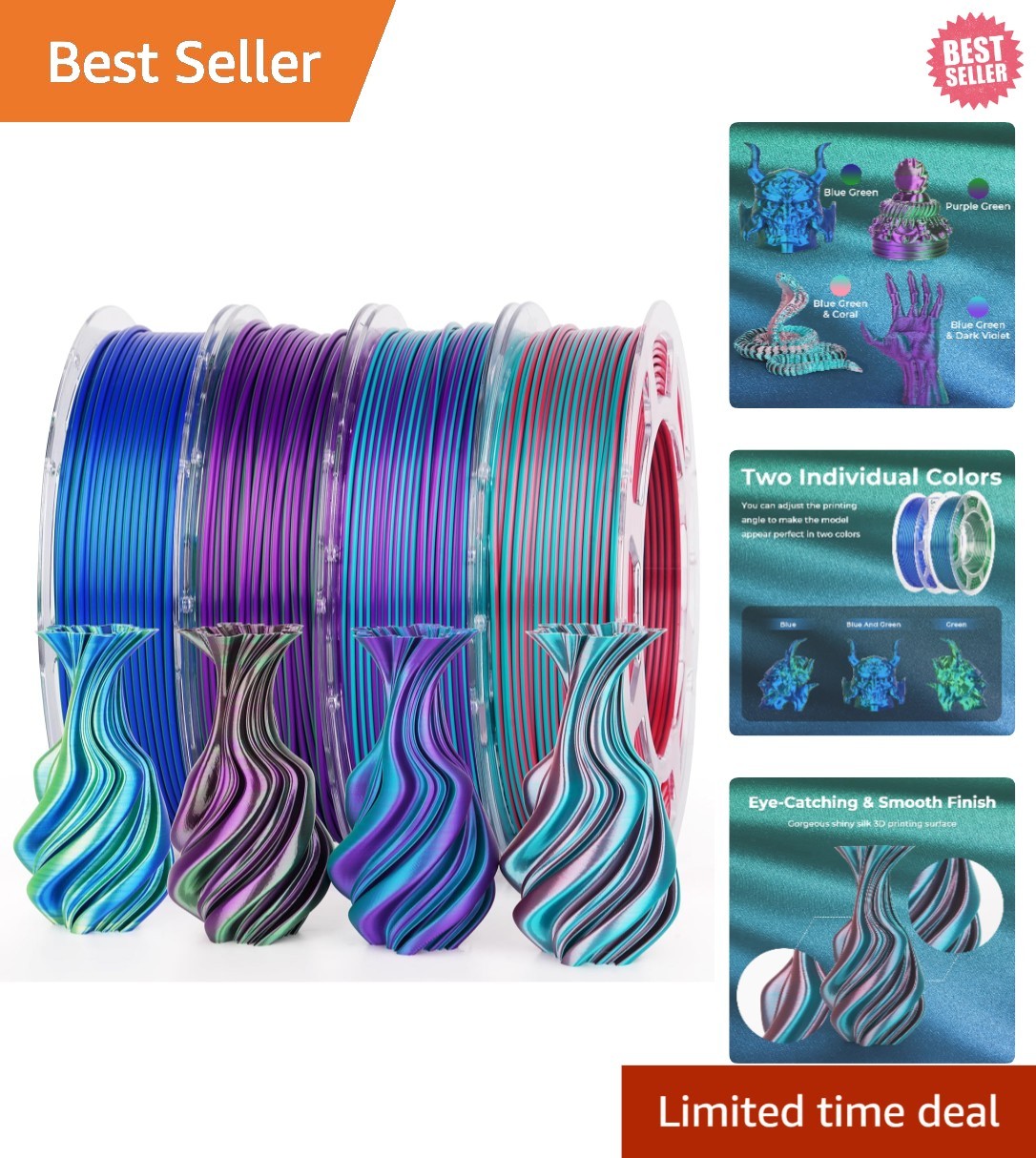 Enhanced Silk PLA Filament Set - Blue Green & Coral Purple, Perfect for Crafts