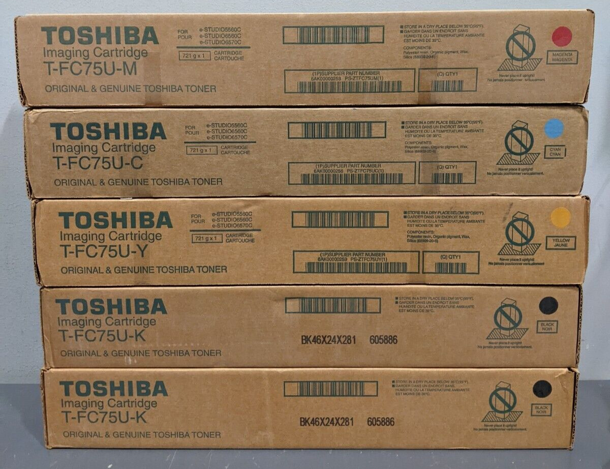 Toshiba Genuine Toner Bundle T-FC75U-K (2) T-FC75U-C  T-FC75U-Y T-FC75U-M