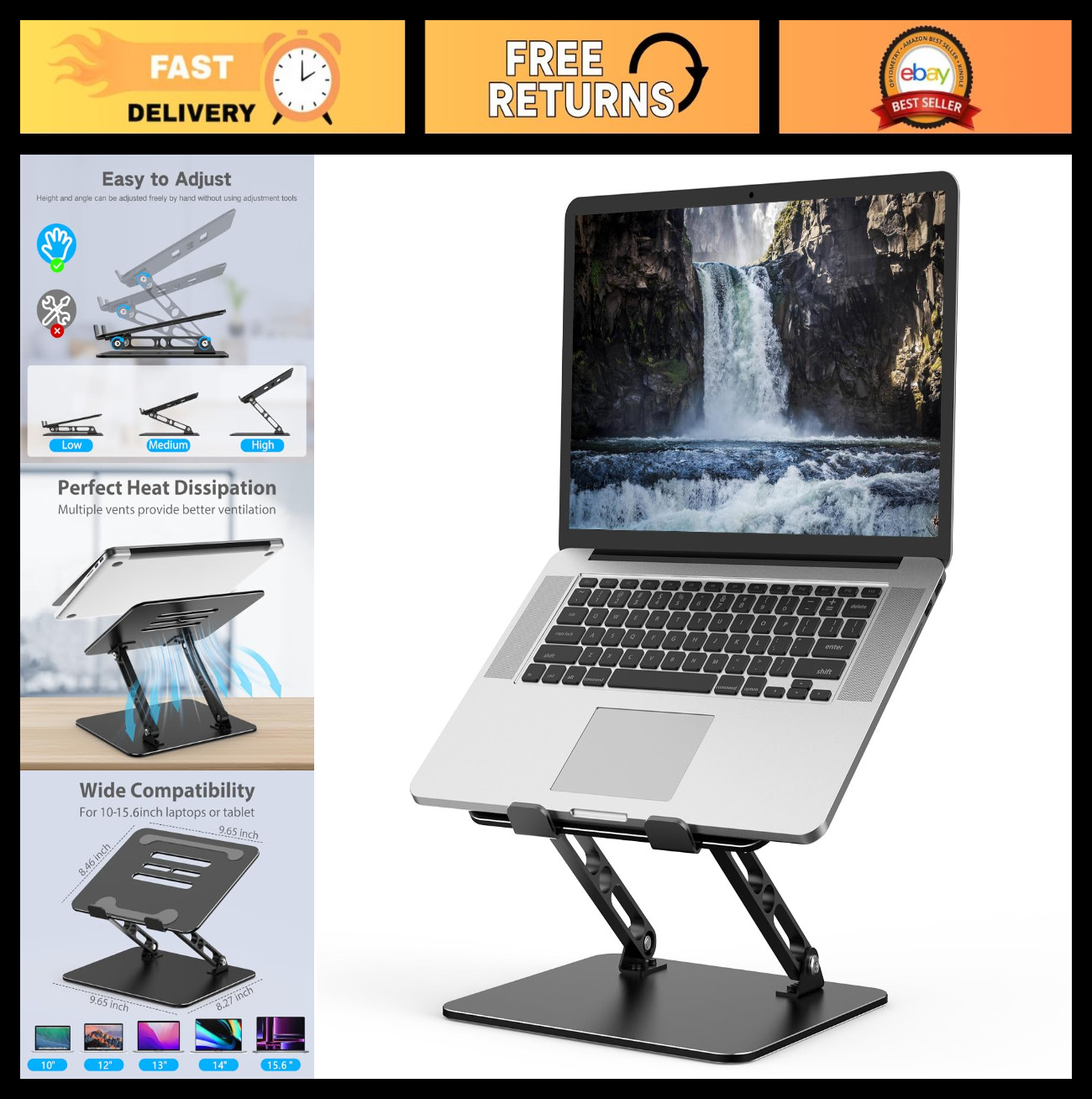 Adjustable Metal Laptop Stand for Desk - Ergonomic Riser Holder, Portable & Stur