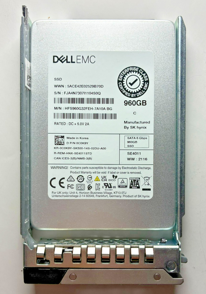 Dell C0K9Y 960GB SATA RI 2.5in SSD HFS960G32FEH-7A10A 100% Health 0DXD9H Caddy