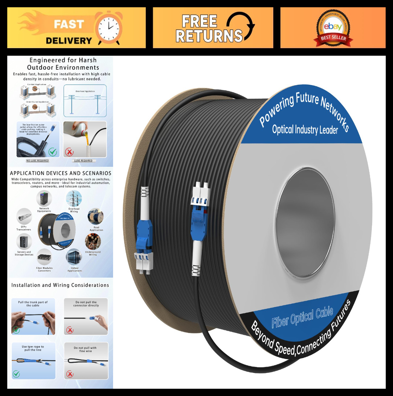 100M LC to LC Armored Outdoor Fiber Optic Cable, Single Mode 9/125μm, FTTH, Data