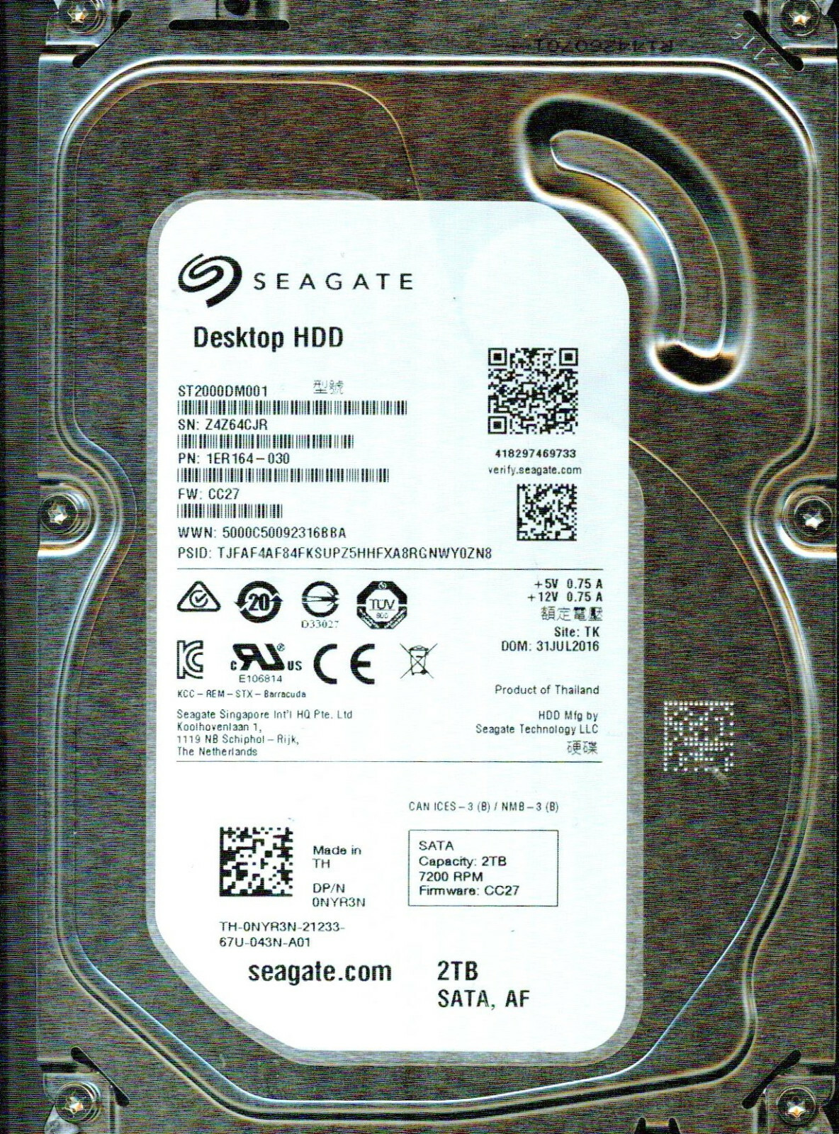 ST2000DM001,  1ER164-030,  CC27,  TK,  Z4Z6  SEAGATE SATA 2TB  JUL 2016