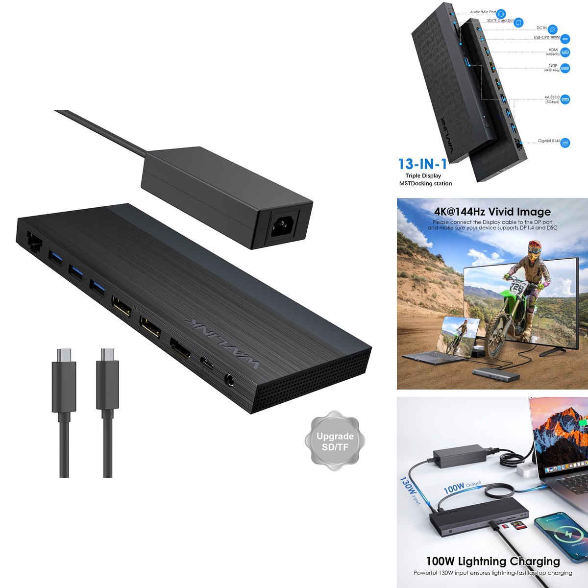 WAVLINK UMD01RPRO Docking Station, Dual DisplayPort, HDMI, Single 4K@144Hz