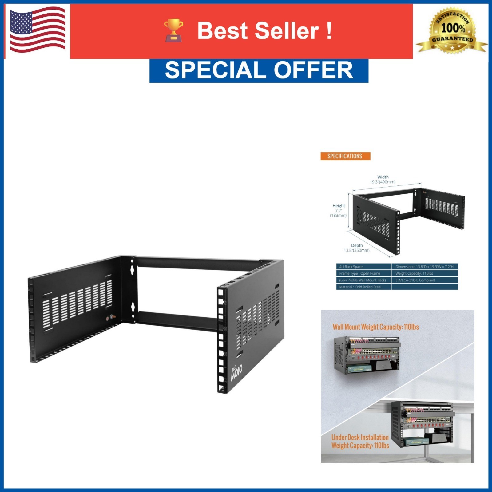 Tecmojo 4U Wall Mount Rack 14" Depth 19" Network Rack 110 lb Capacity Black