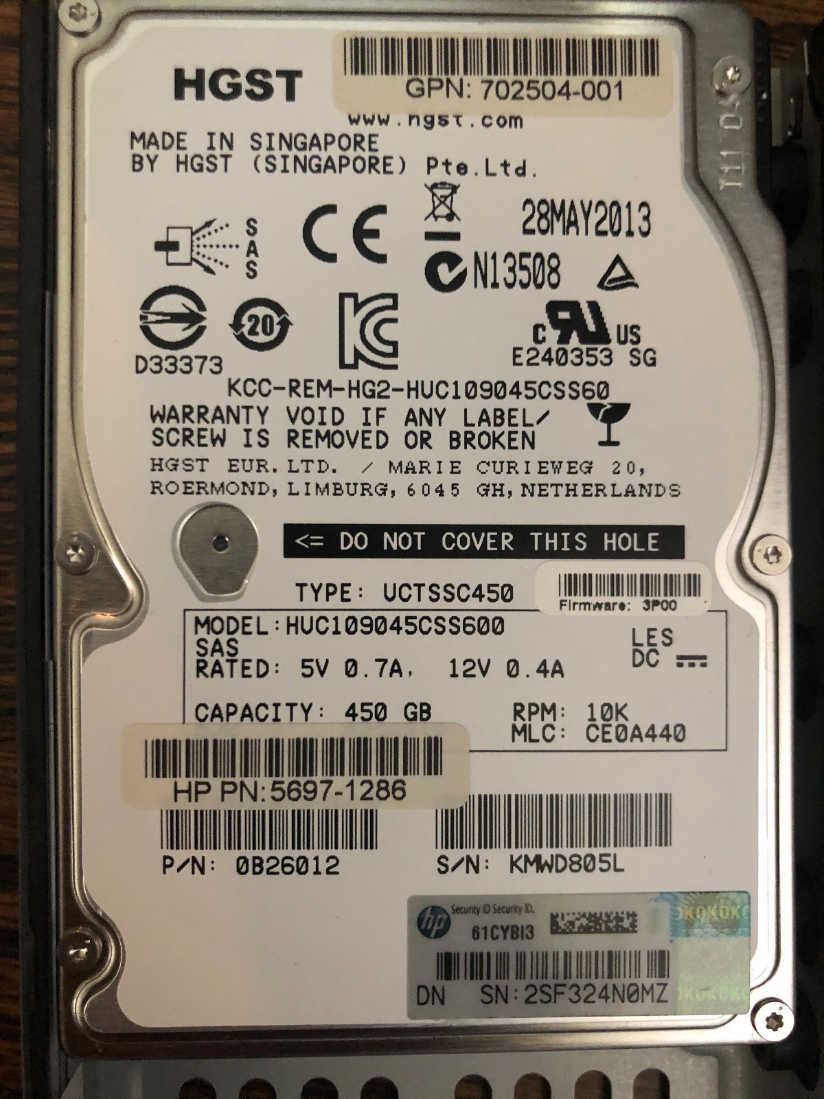 HP SAS 697388 10K 450GB HGST P/N 5697-1286 Model HUC109045CSS600