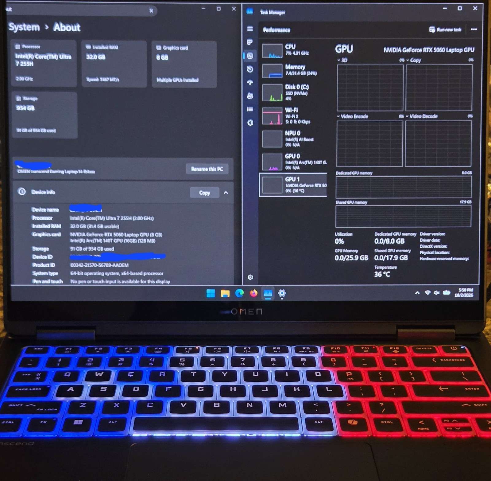 HP Omen Transcend 14 3K 14" Gaming Laptop - Ultra 7 255H 32GB RAM 1TB RTX 5060