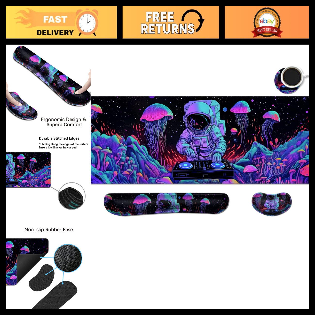 Large Gaming Desk Mat with Wrist Rest & Cup Coaster Set, Ergonomic XXL Mouse Pad