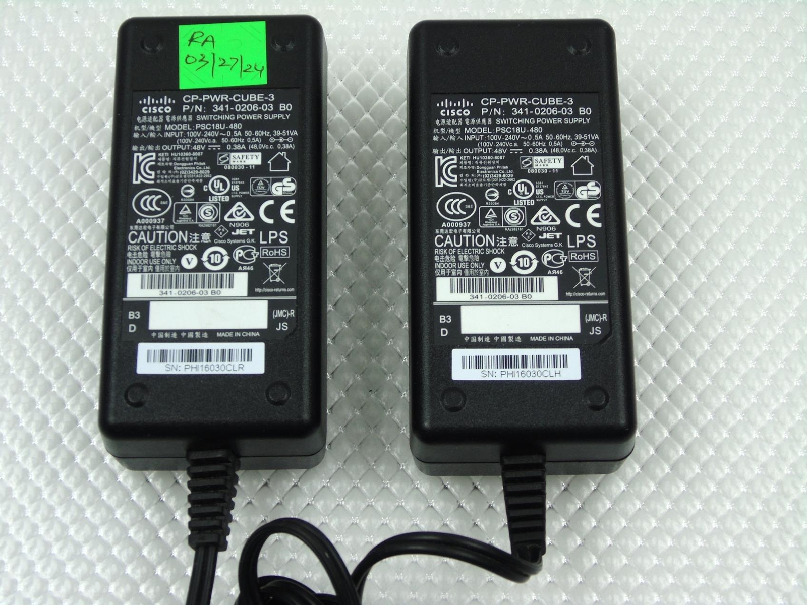 Lot of 2 - Genuine Cisco AC Adapter 48V 0.38A - 341-0206-03, CP-PWR-CUBE-3