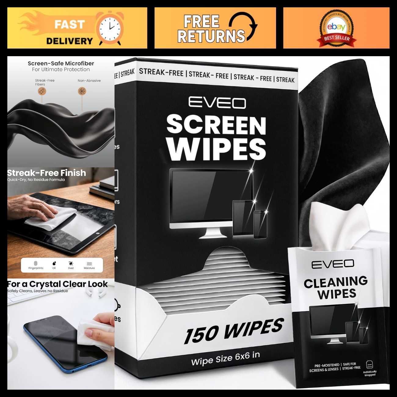150 Pack Electronic Screen Wipes - Computer, Laptop, Phone & Car Cleaner, Microf