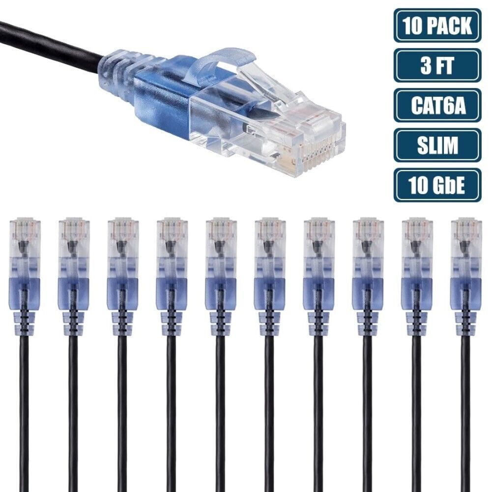 10x 3FT CAT6A Ethernet LAN Network Patch Cable Slim Cord RJ45 Router 30AWG Black