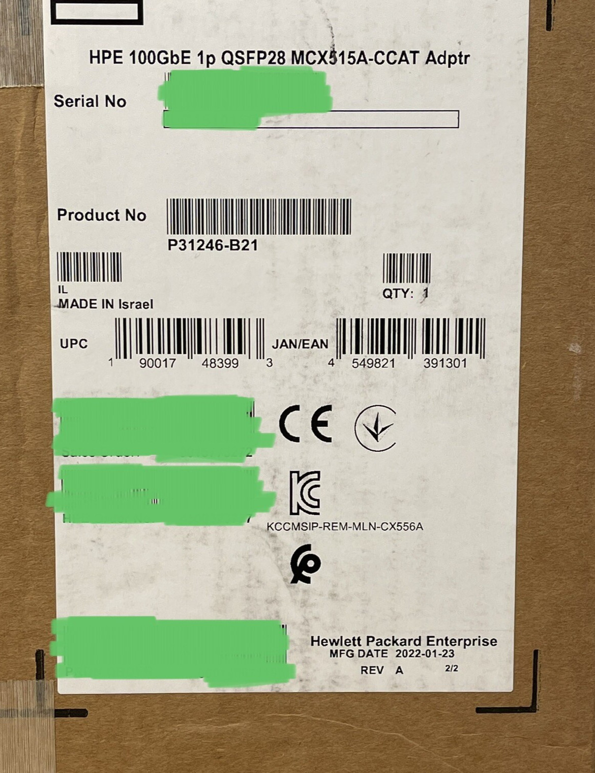 HPE Mellanox 100GbE 1 port Ethernet QSFP28 ConnectX-5 PCI-e x16 Network Adapter
