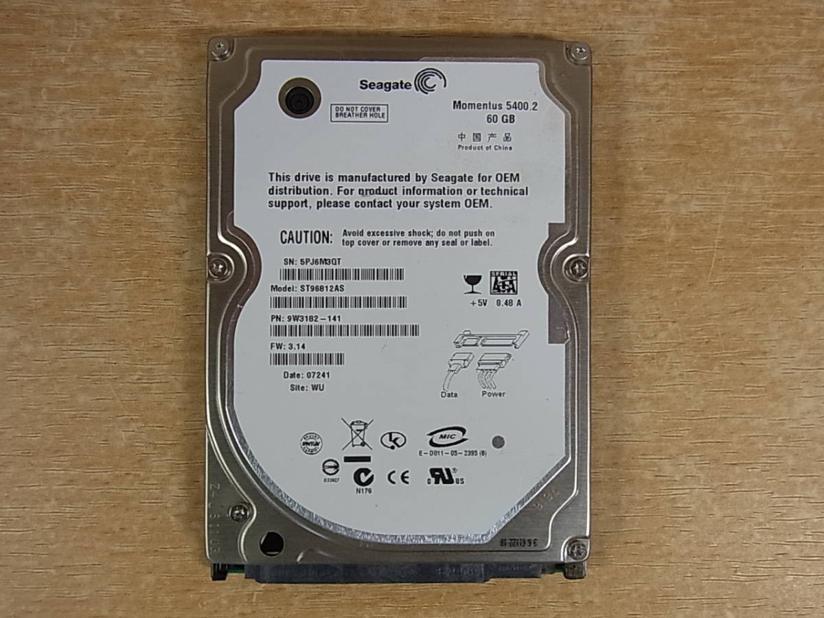 B/134 Seagate2.5-inch HDD60GB SATA150 5400rpmST96812ASUsed