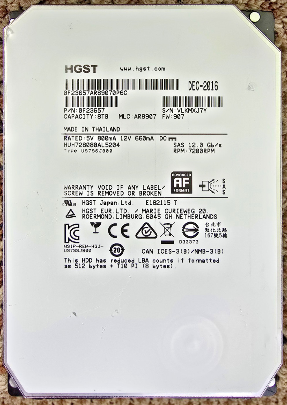 HGST 8TB 7.2K SAS 12Gb/s 3.5" HDD HUH728080AL5204 0F23657