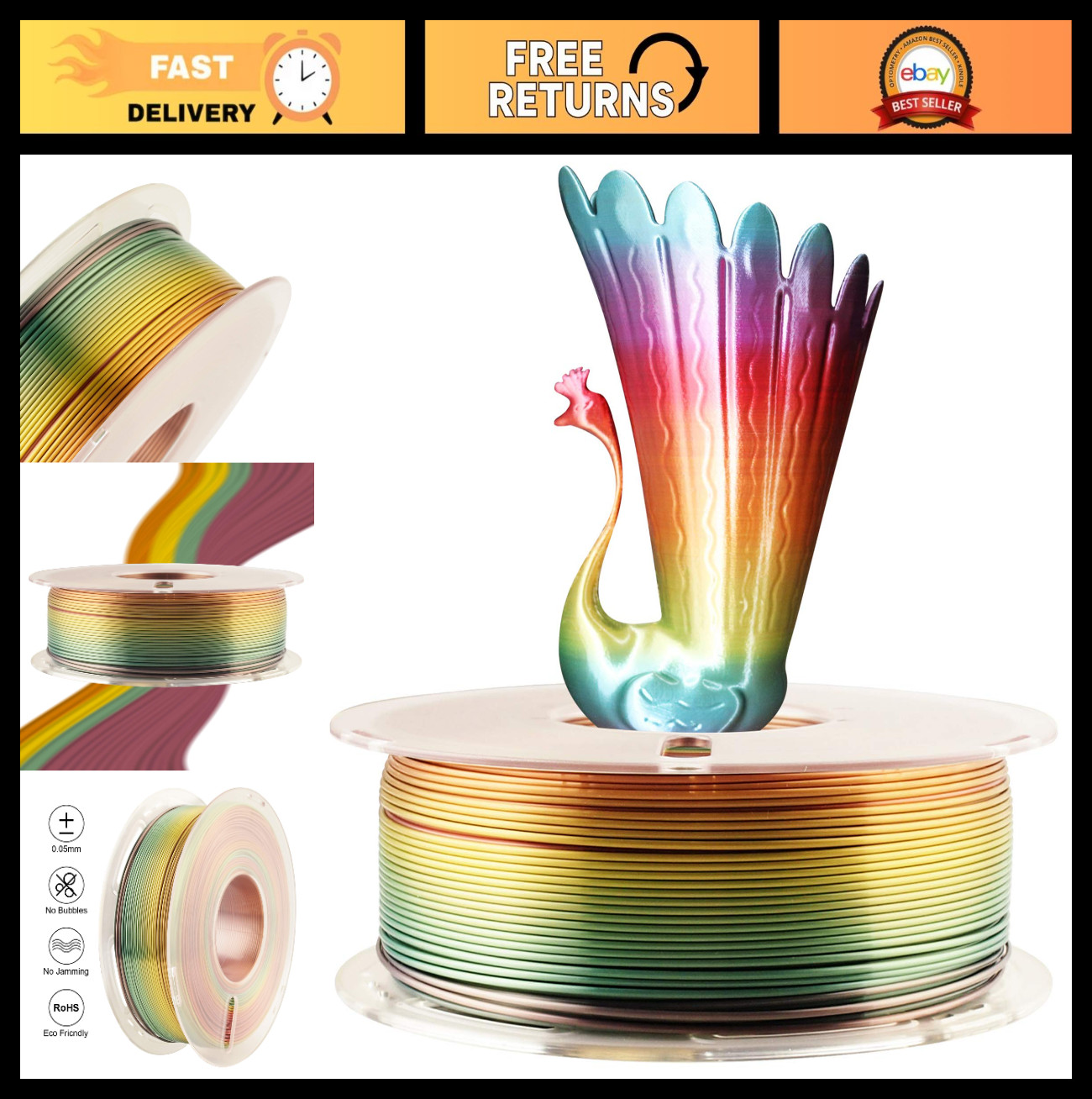 Silk Shiny Rainbow Gradient PLA Filament 1.75mm 1kg for FDM 3D Printing - Multic