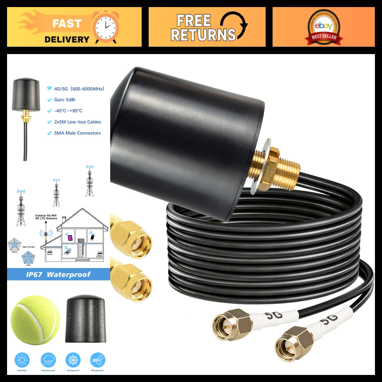 2x2 MIMO 5G 4G LTE Outdoor Omnidirectional Antenna 600-6000MHz + 2x16.4FT Cables