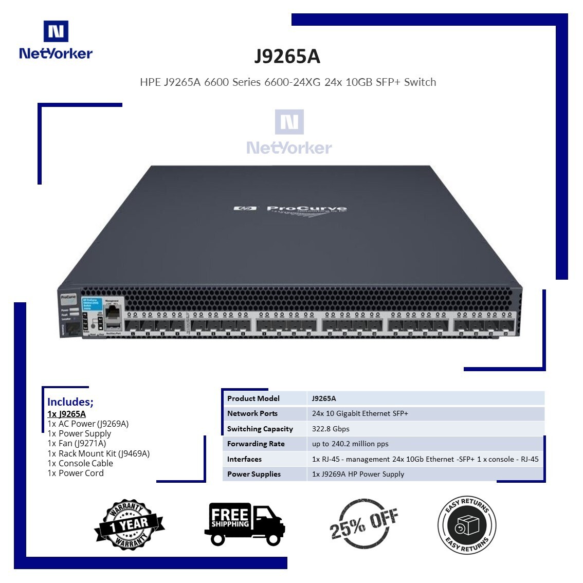 HP ProCurve J9265A 6600‑24XG 24 Port Ethernet Switch - Same Day Shipping
