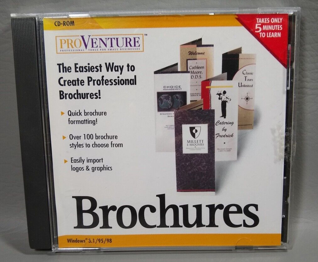 Vintage 1999 ProVenture Brochure Maker for Windows 3.1/95/98 CD ROM Made In USA