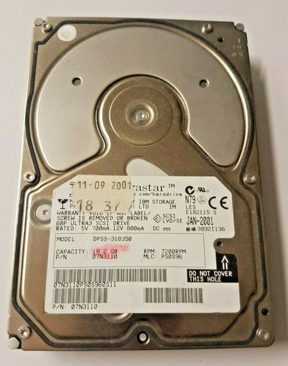 18.2GB IBM DPSS-318350 PN 07N3110 7200rpm Ultra3 SCSI 68pin HDD 3.5" Hard Drive