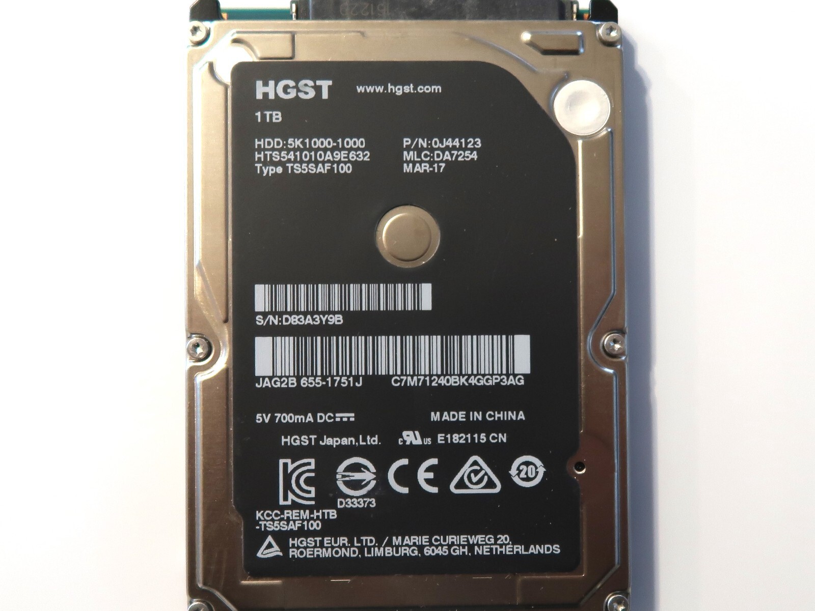 Hitachi HTS541010A9E632 0J44123 DA7254 (D83) China 1.0TB 2.5" Sata HDD MAR-17