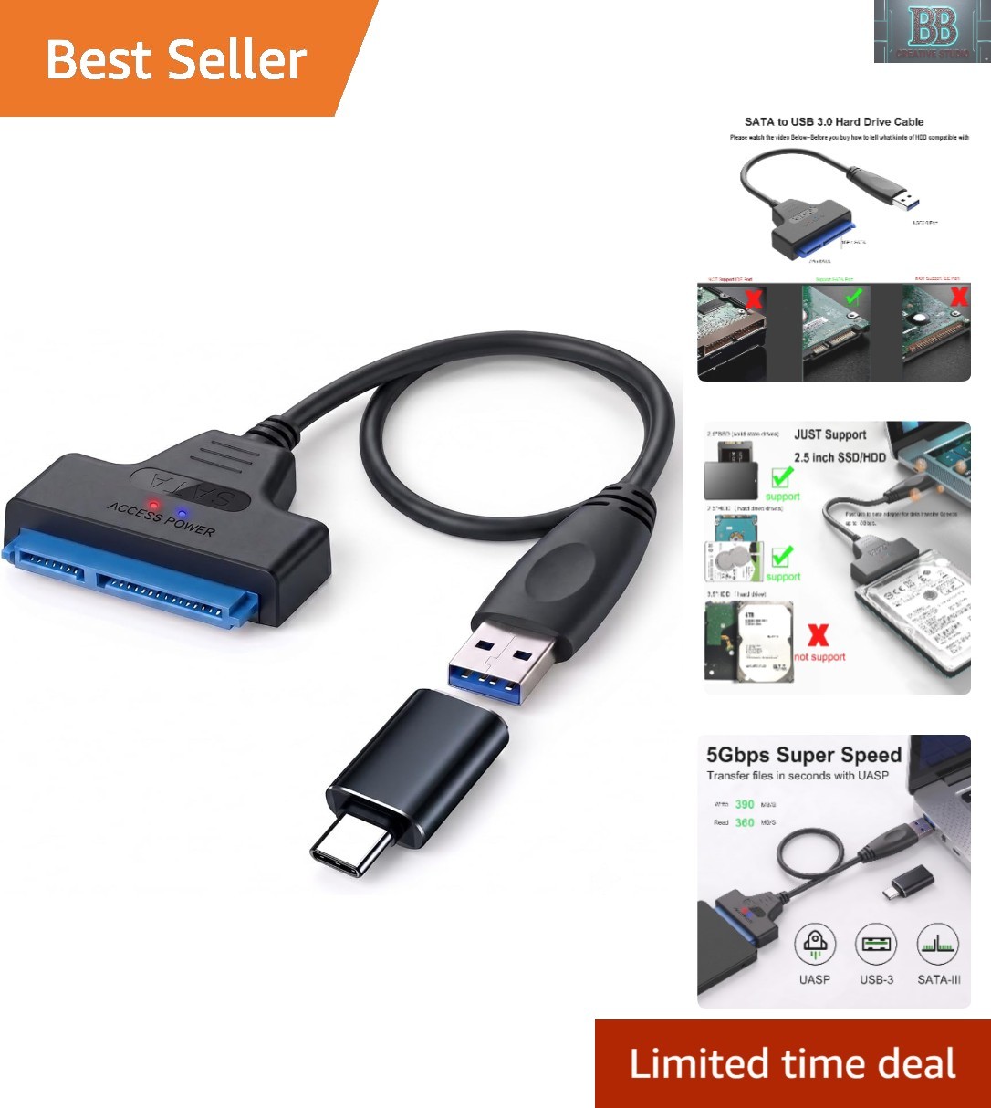 Sleek USB 3.0 SATA Adapter for 2.5" HDD/SSD - Up to 6TB, Compact & Travel-Ready