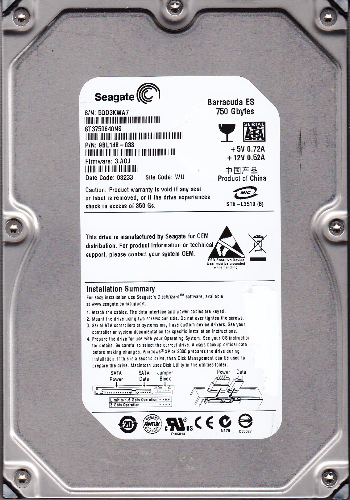 Seagate ST3750640NS pn: 9BL148-038 fw: 3.AQJ s/n: 5QD... WU 750GB SATA 4419