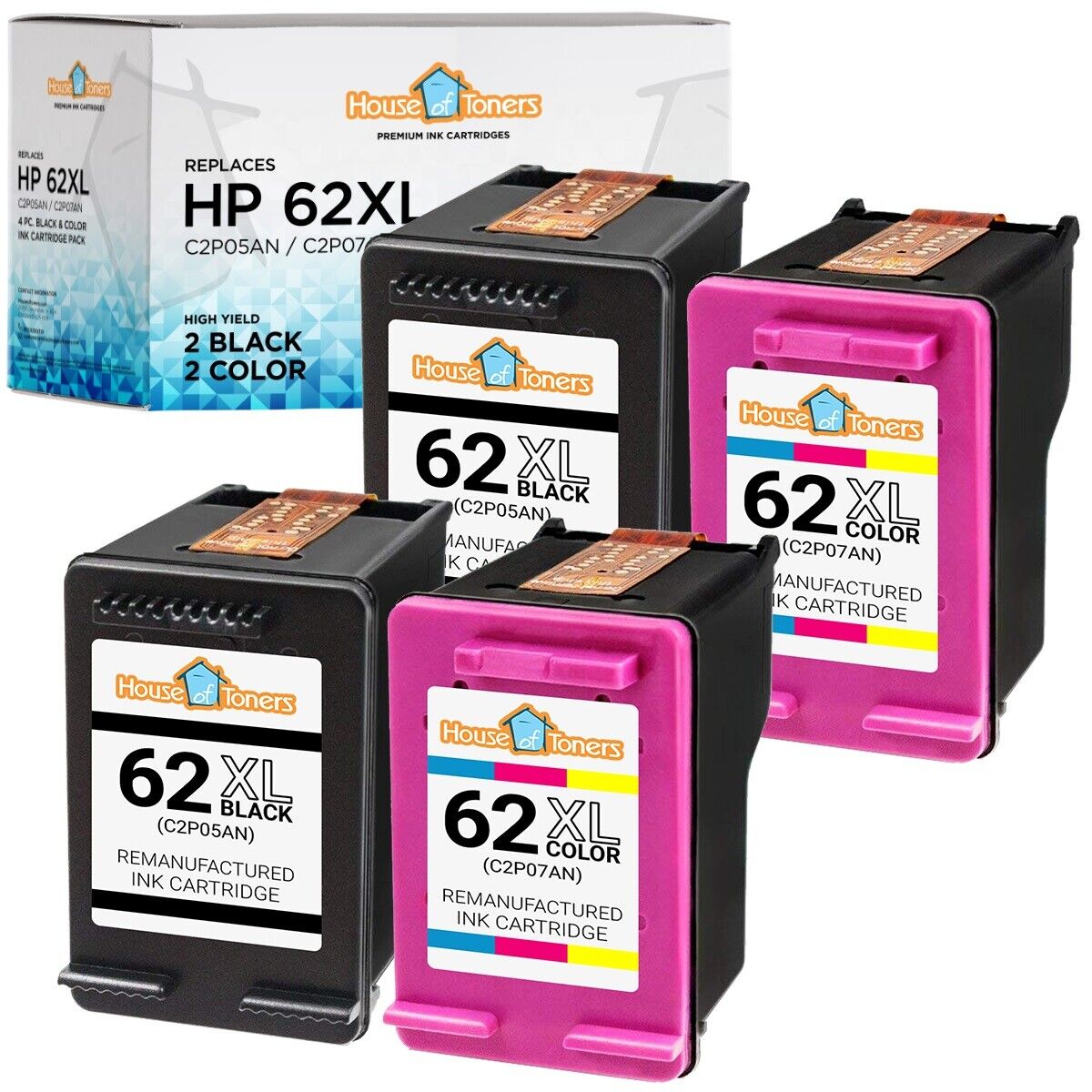 4PK for HP 62XL 2-Black & 2-Color Ink Cartridges ENVY 5640 5642 5643 5644 5646